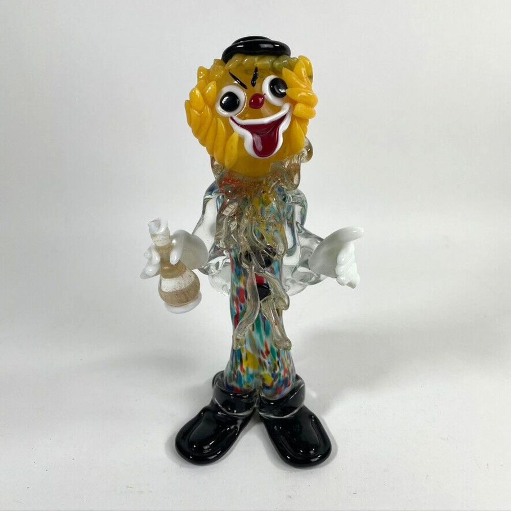 Vintage Murano Glass Art Clown 9" Colorful Holding Bottle Glossy Contemporary